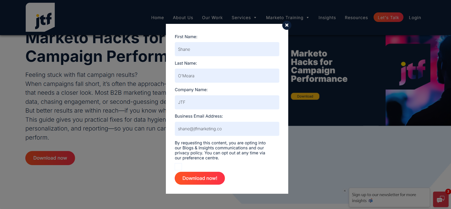 Pre-fill form on JTF download page